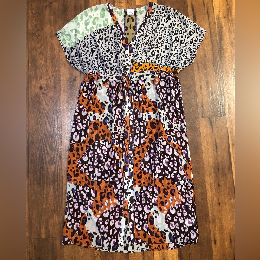 Cabi 5952 Escape Animal Print Cinch Waist Sheer Kimono Dress Women's Size Small